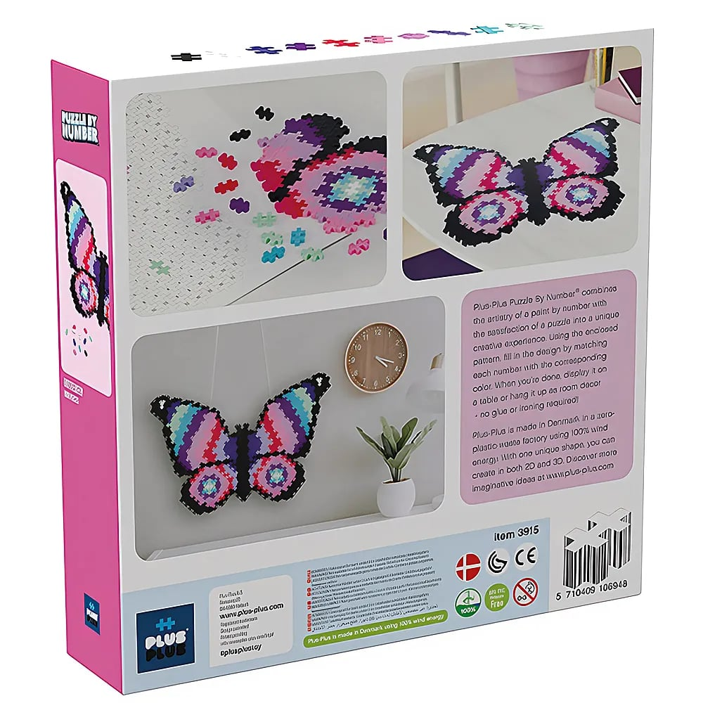 Verpackung eines Plus-Plus Puzzle by Number Schmetterlings-Sets mit Bildern des fertigen Motivs und Anleitung.
