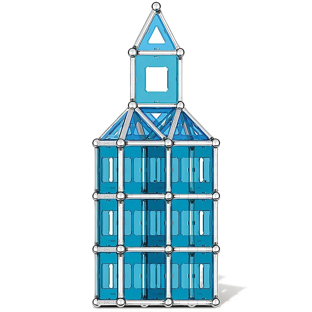 Ein blauer Turm aus magnetischen Bausteinen mit silbernen Stangen.