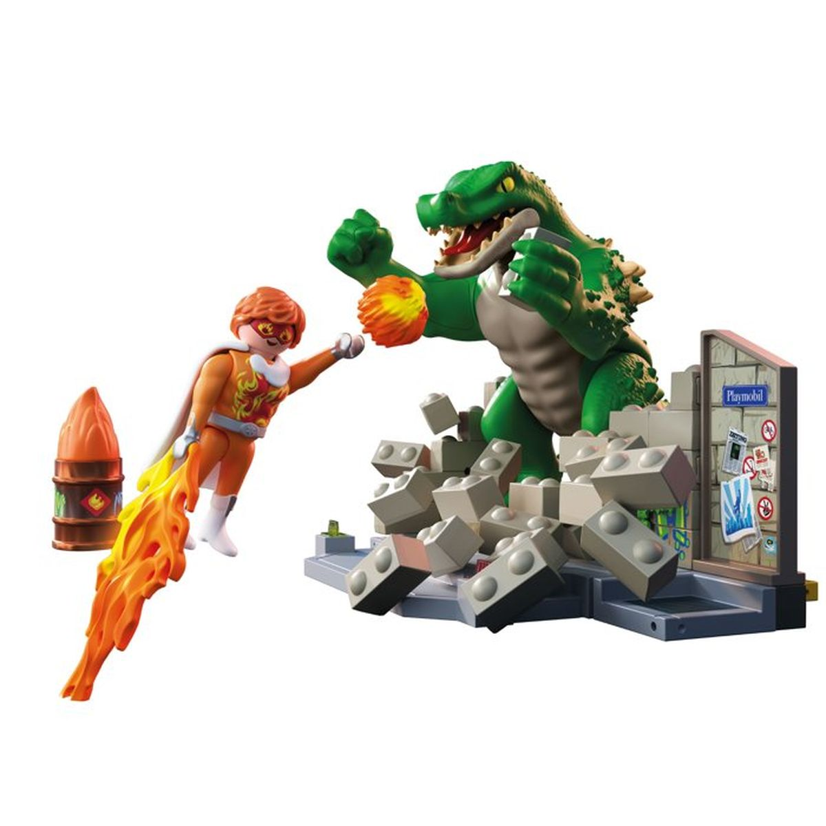 Eine Spielfigur in einem orangen Kostüm mit Feuer kämpft gegen ein großes grünes Monster in einer zerstörten Kulisse.