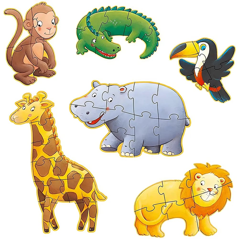 Sechs bunte Tierpuzzles mit Affe, Alligator, Tukan, Giraffe, Flusspferd und Löwe.