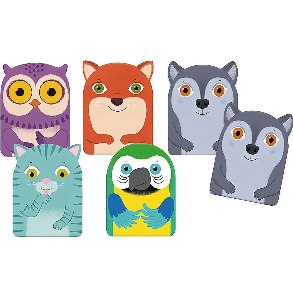 Sechs bunte Tiermotive auf weißem Hintergrund, darunter Eule, Fuchs, Wolf, Katze und Papagei.