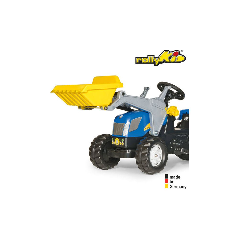 Ein blau-schwarzer Spielzeugtraktor mit großer gelber Frontladerschaufel und RollyKits-Logo.