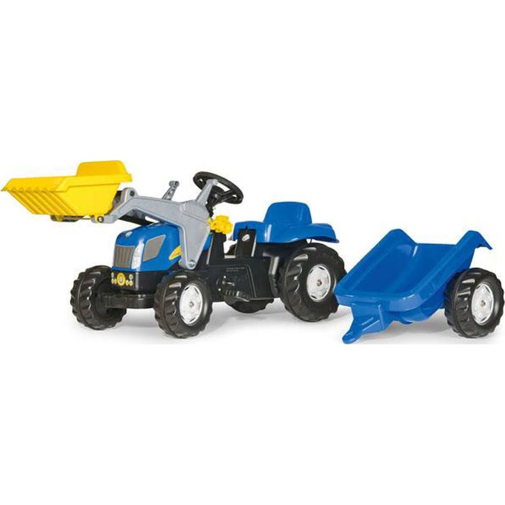 Ein blauer Spielzeugtraktor mit gelber Schaufel und Anhänger auf weißem Hintergrund.