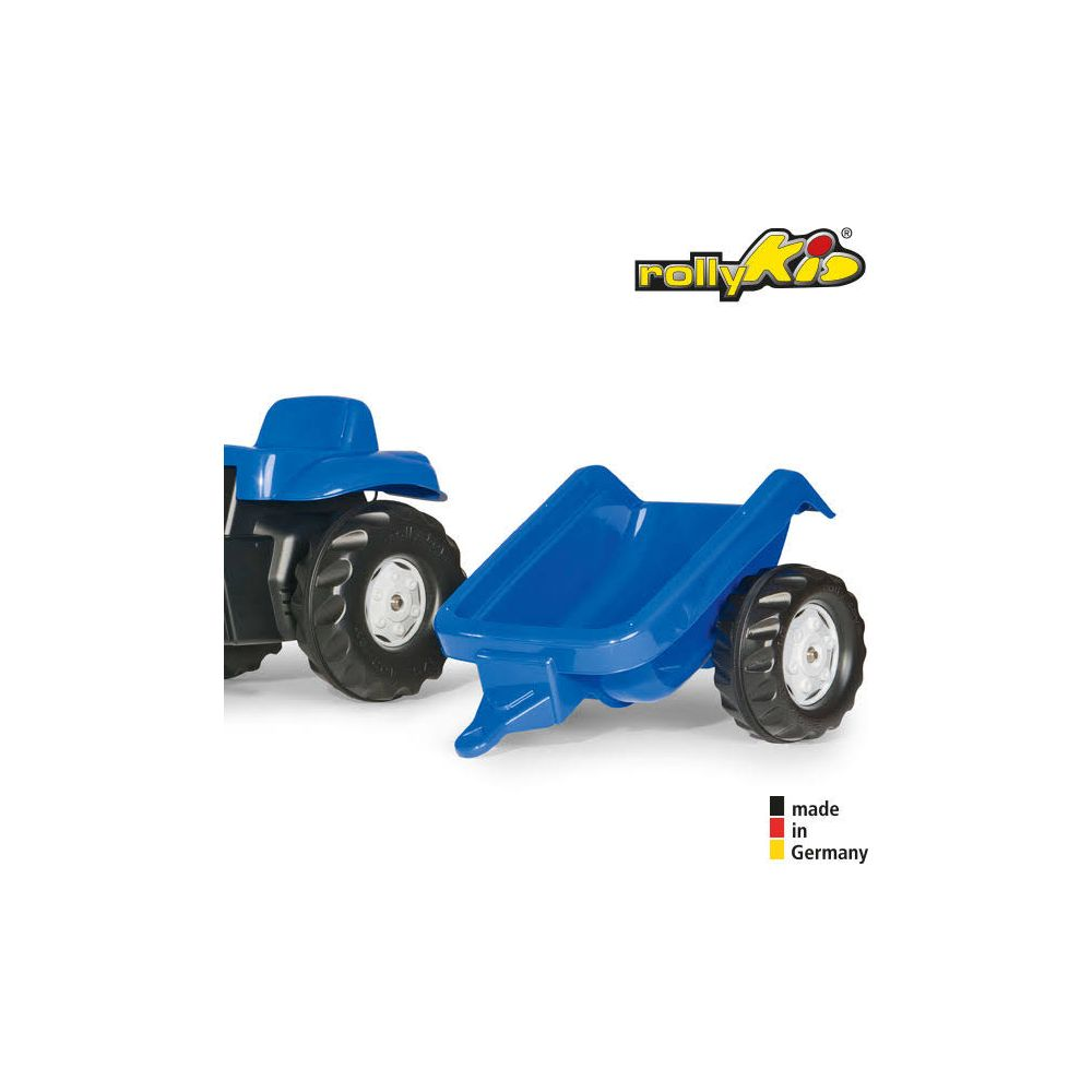 Ein blauer Spielzeuganhänger mit schwarzen Rädern und der Aufschrift rollyKid, made in Germany.