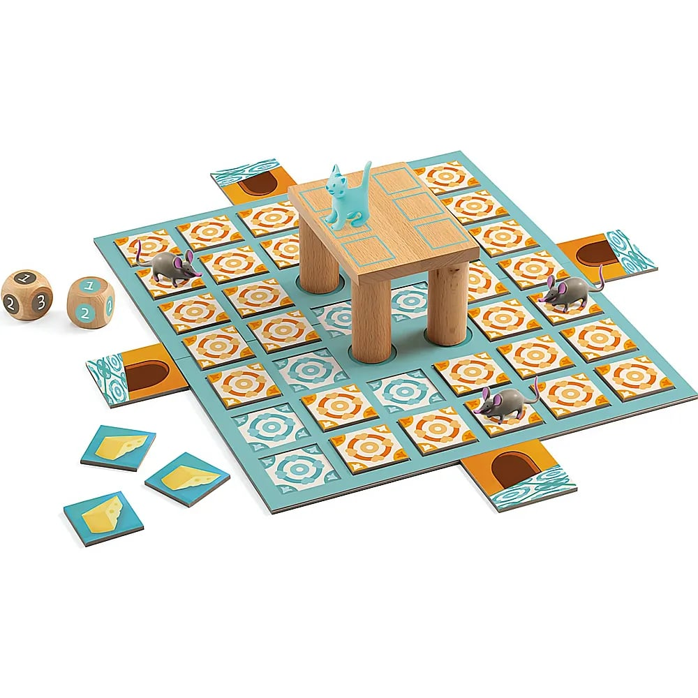 Ein Brettspiel mit blauen und orangen Kacheln, einer Holztischfigur, blauer Katze, grauen Mäusen, Würfeln und Käsekacheln.