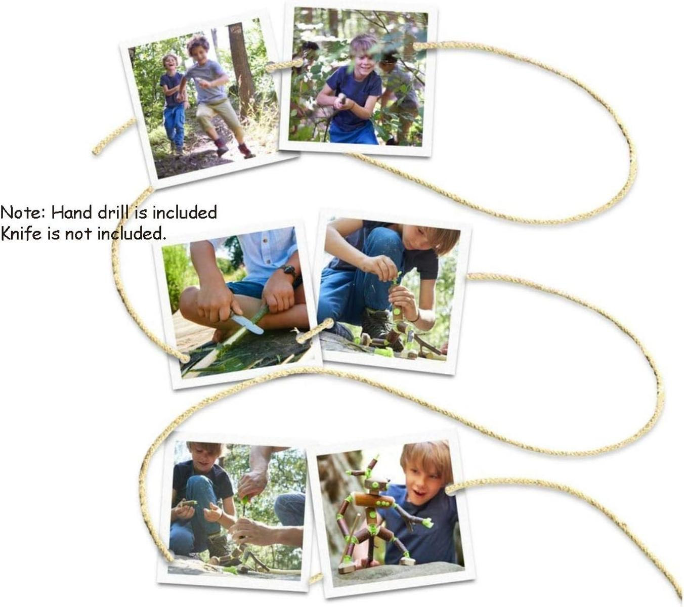 Fotos von Kindern beim Spielen im Wald, verbunden durch eine Schnur, mit dem Hinweis, dass Messer nicht inklusive sind.