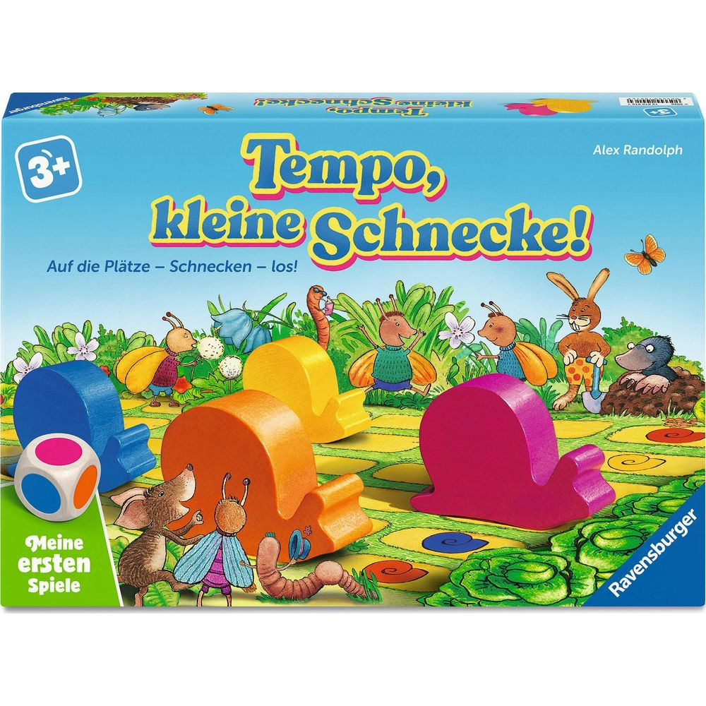 La boîte du jeu de société Tempo, kleine Schnecke! montre des escargots en bois colorés sur un sentier.