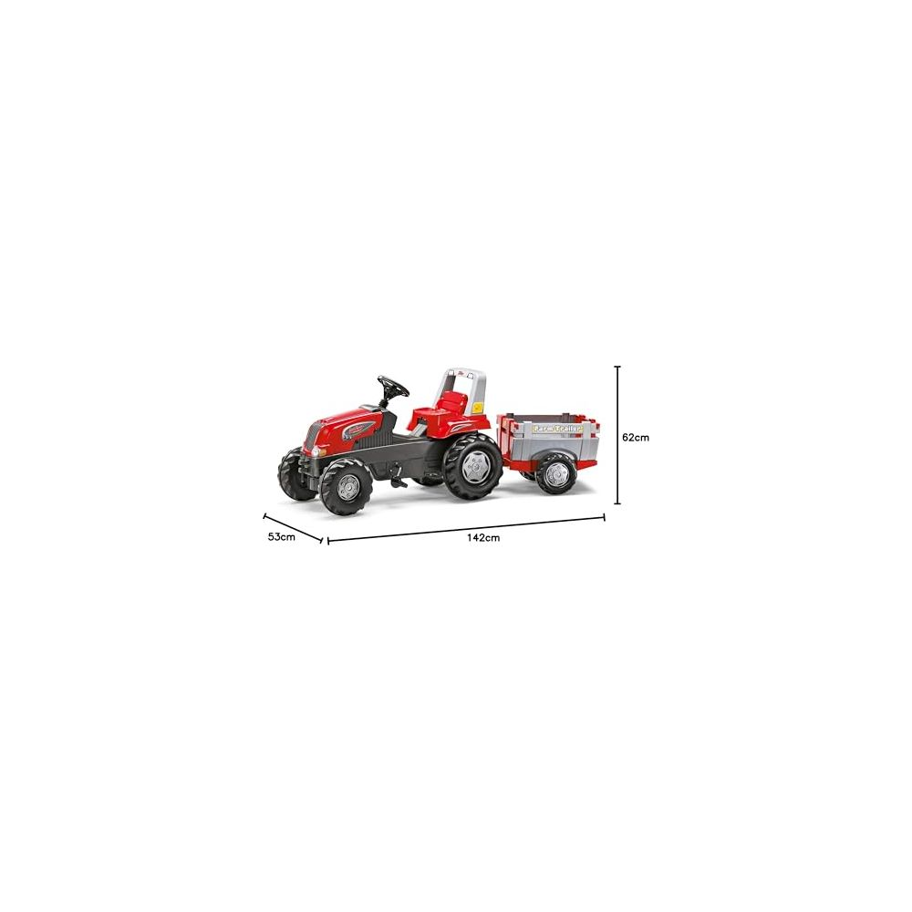 Roter Tretautotraktor mit Anhänger, Maße 142x53x62 cm, auf weißem Hintergrund.