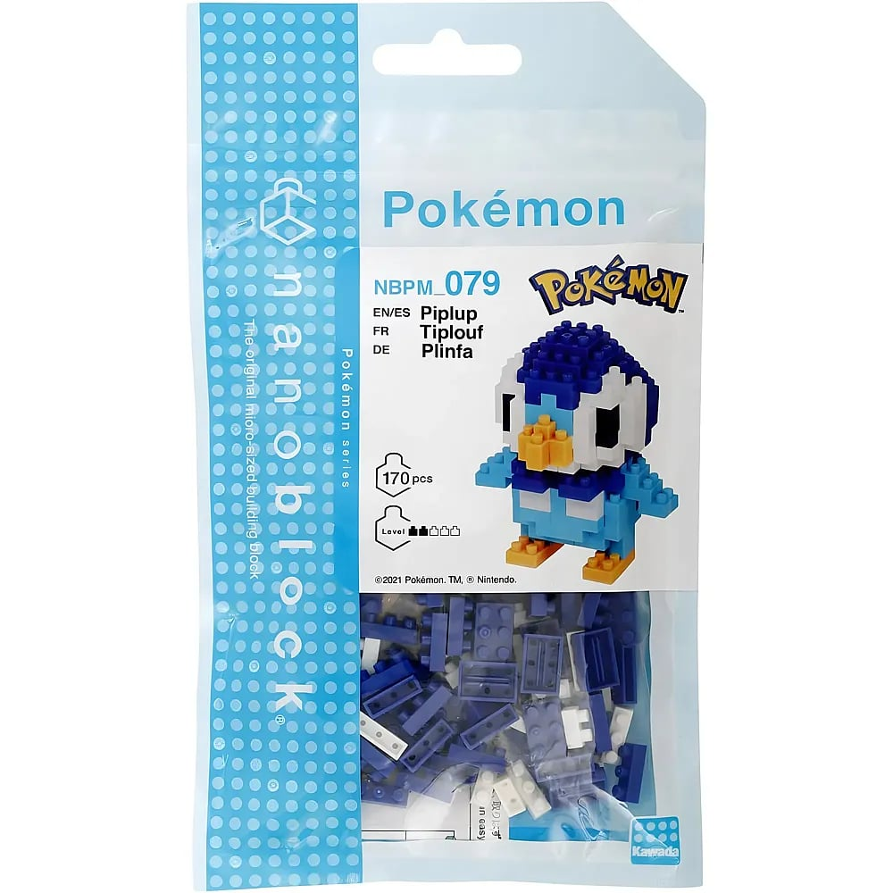 Eine Nanoblock Pokémon Plinfa Bausatzverpackung mit einem blau-weißen Charaktermodell und unten sichtbaren Steinen.