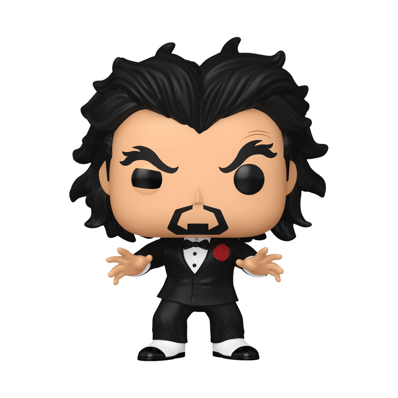 Eine Funko Pop-Figur im schwarzen Anzug mit Fliege, roter Rose und wildem schwarzen Haar auf weißem Hintergrund.