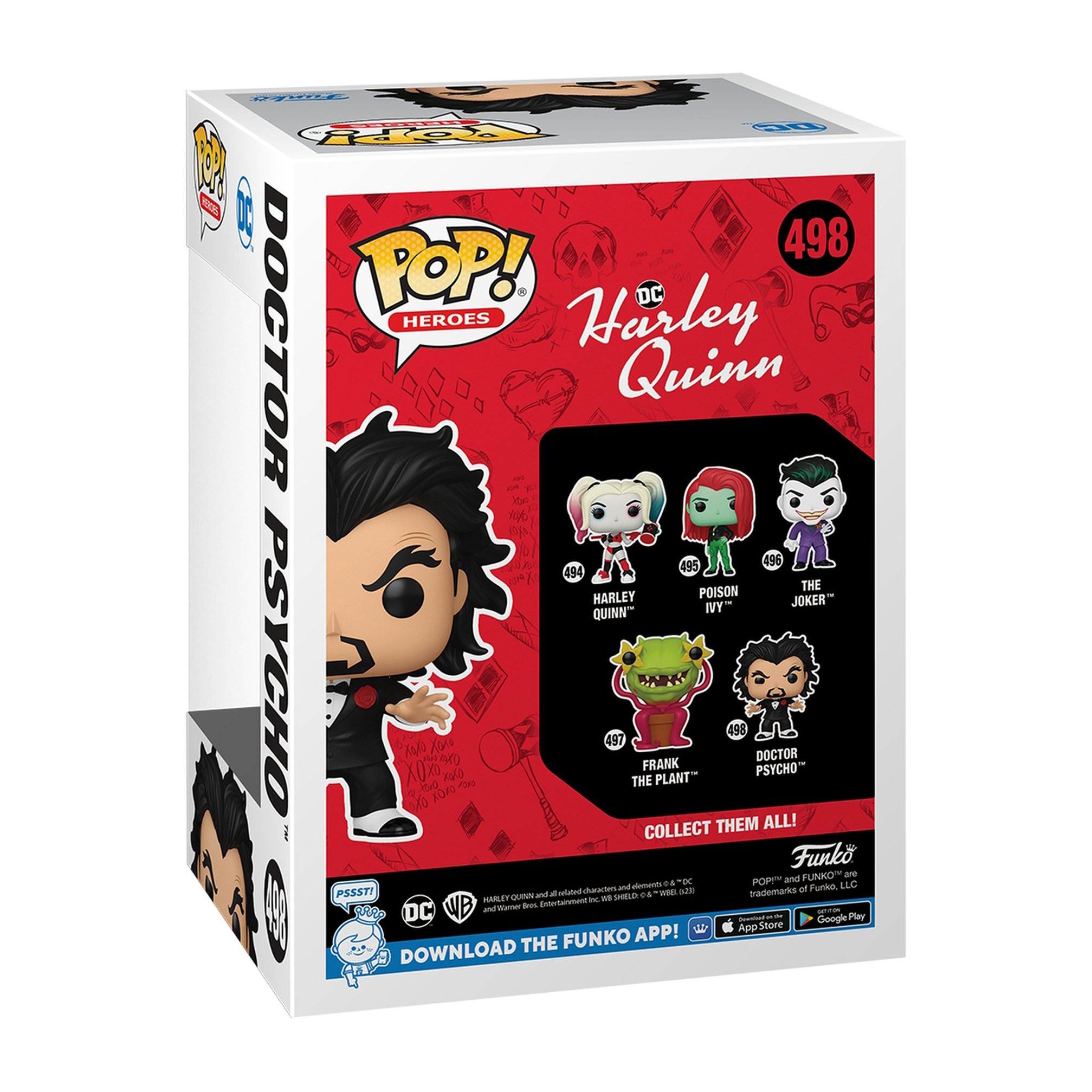 Doctor Psycho Funko Pop Box mit rotem Hintergrund, Illustrationen und 'Collect Them All!' Text.