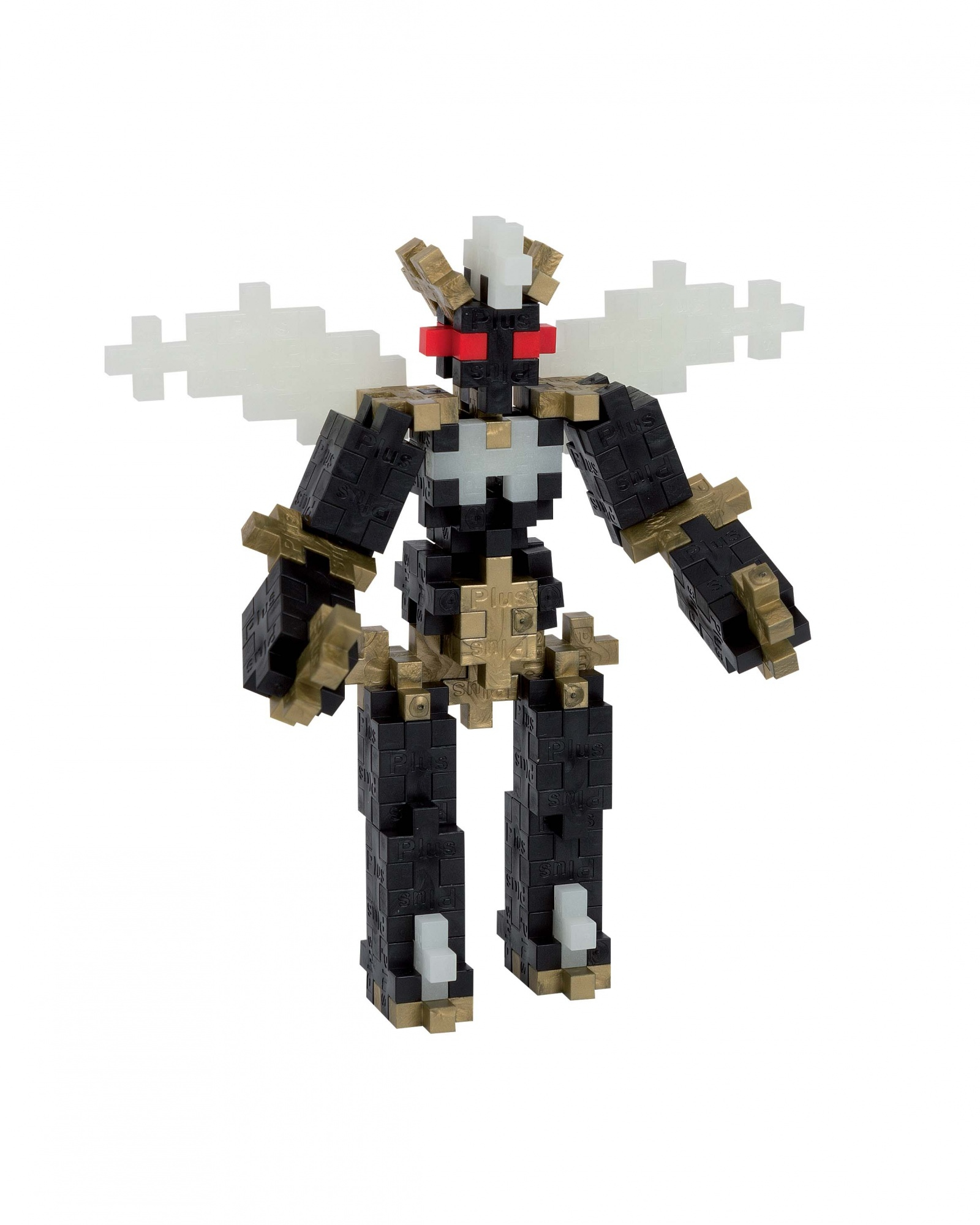 Eine Roboterfigur aus schwarzen, goldenen und weißen Bausteinen mit roten Augen und Flügeln.