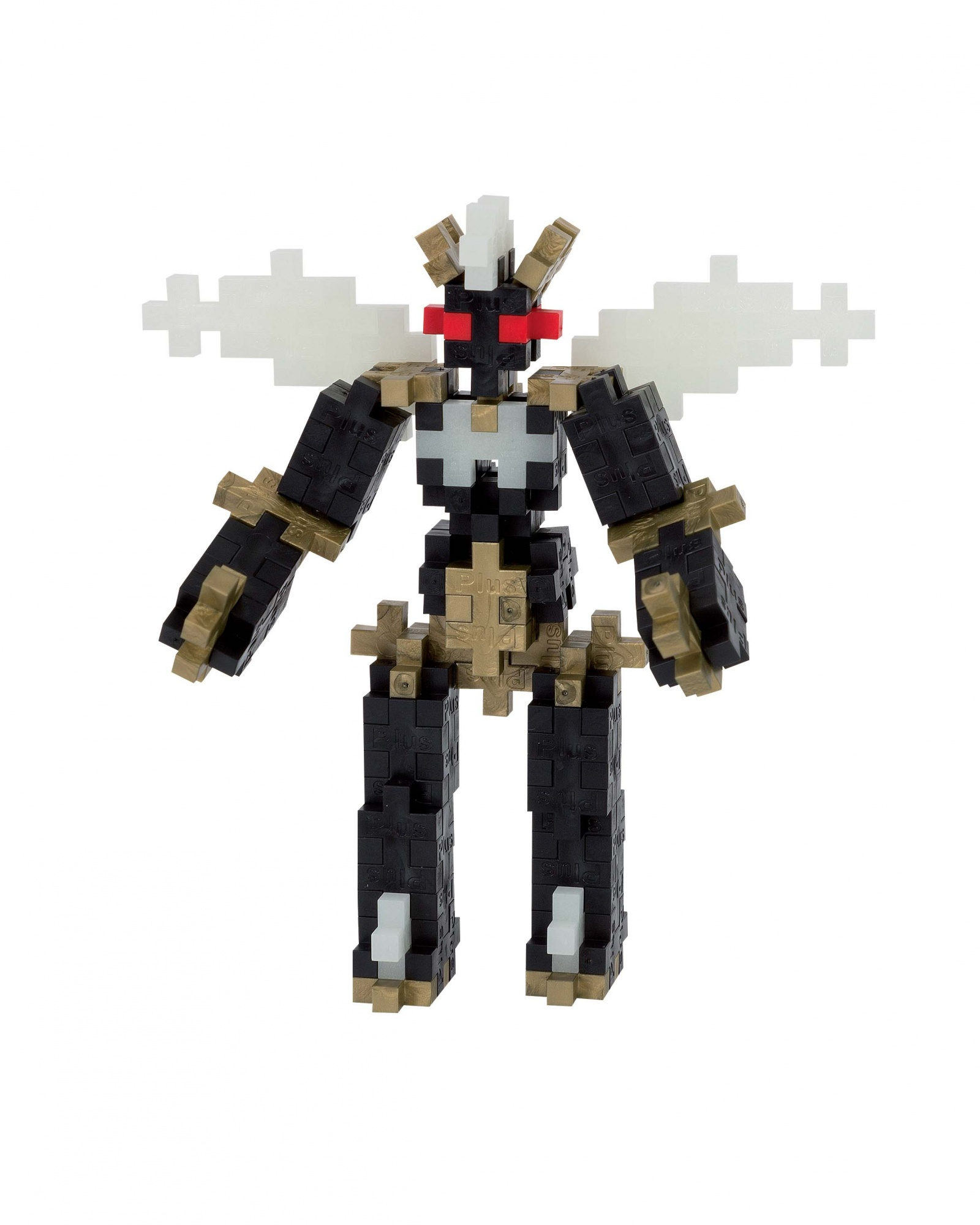 Eine Roboterfigur aus schwarzen, goldenen und weißen Blöcken mit roten Augen und Flügeln.
