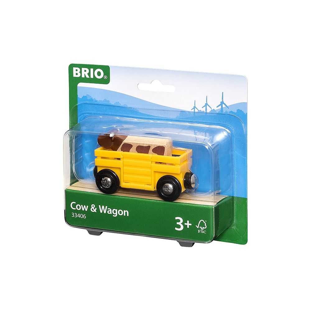 Giocattolo in legno Brio Cow & Wagon nella confezione con carro giallo e mucca.