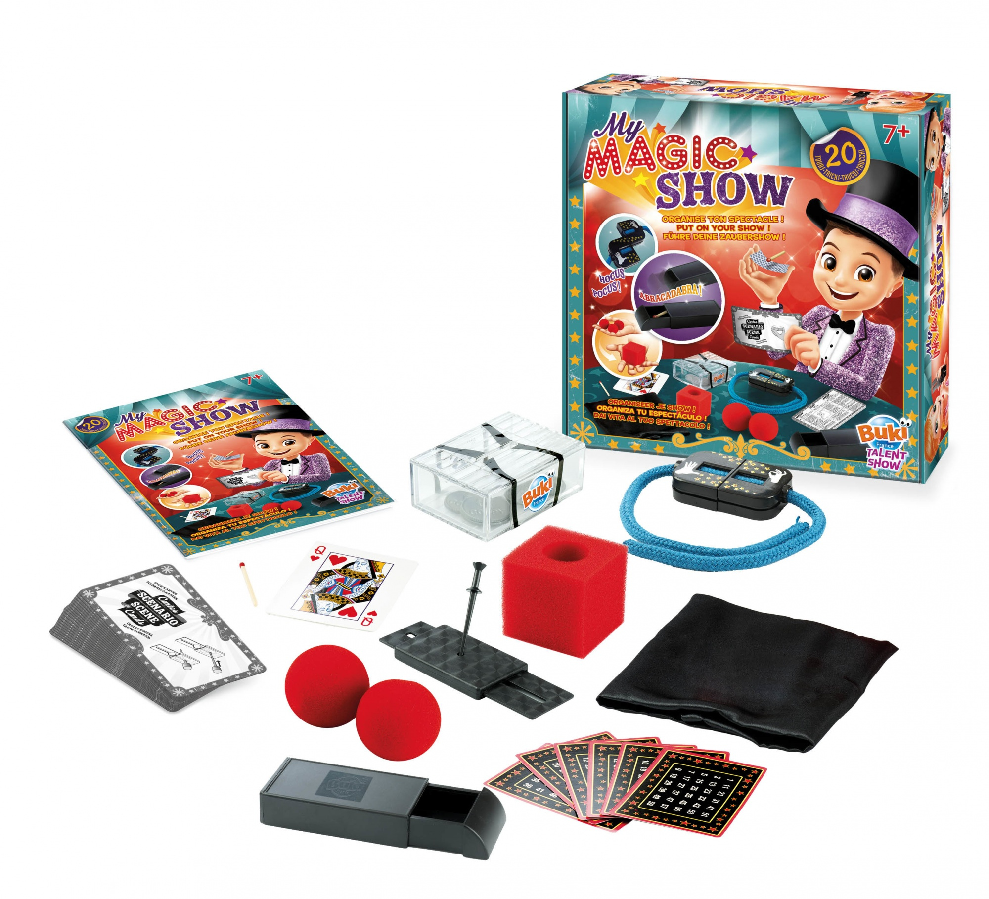 Un set de magie My Magic Show avec boîte, manuel, cartes, boules rouges et autres accessoires sur fond blanc.