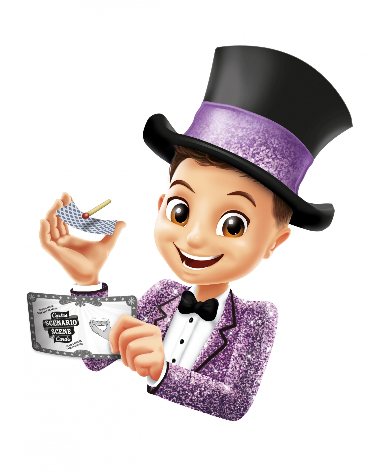Un magicien souriant avec un haut-de-forme et un costume pailleté tient des cartes et une baguette.