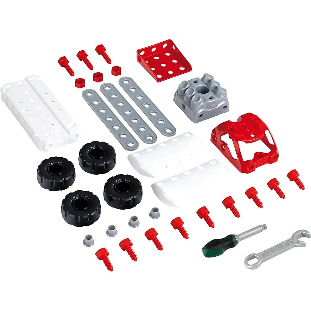 Verschiedene Spielzeugteile wie Schrauben, Räder, Werkzeuge und Platten aus Plastik.