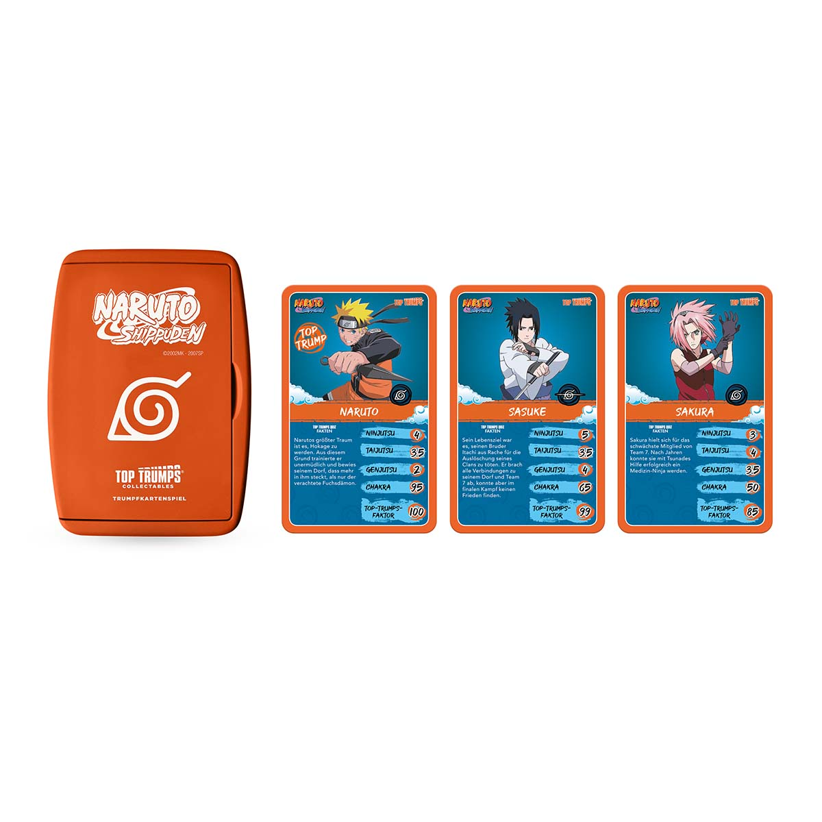 Gioco di carte Naruto Top Trumps con custodia arancione e tre carte personaggio.