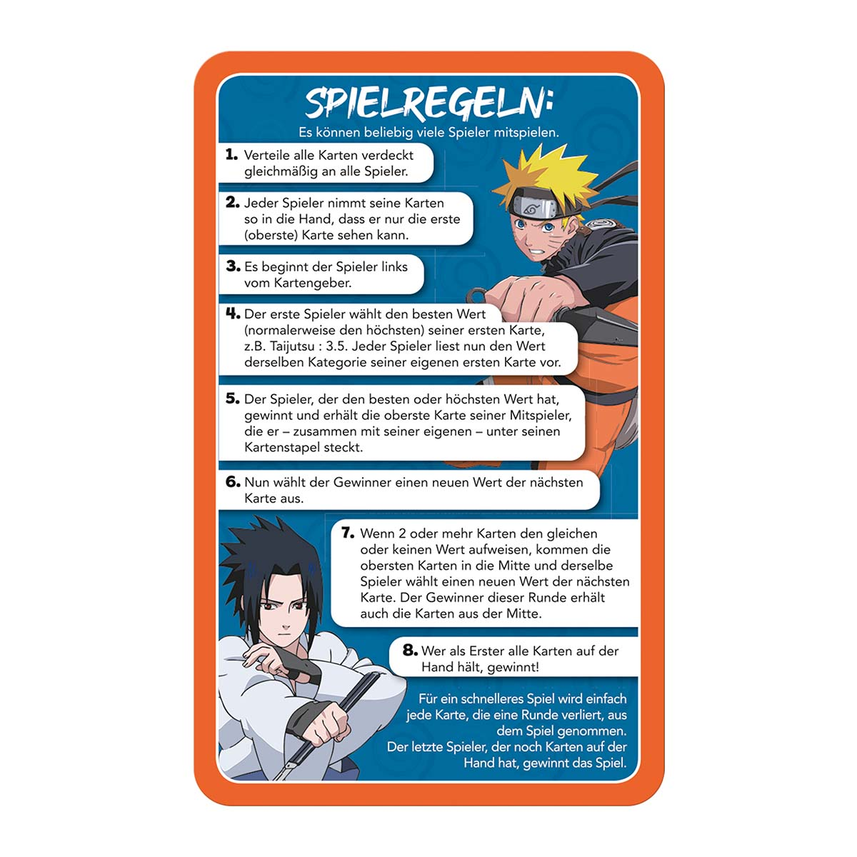 Carta delle regole con istruzioni in tedesco e personaggi di Naruto su sfondo blu con bordo arancione.
