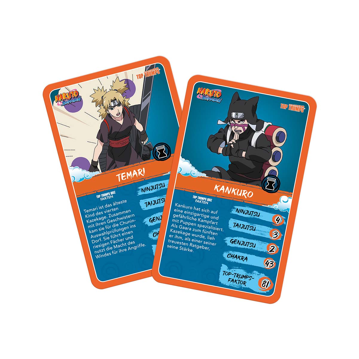 Due carte da gioco Naruto Shippuden Top Trumps raffigurano i personaggi Temari e Kankuro con statistiche.