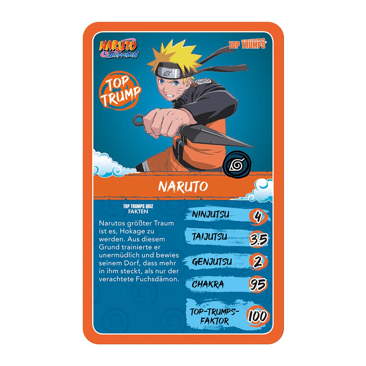 Carta da gioco Top Trumps di Naruto con statistiche sul retro.
