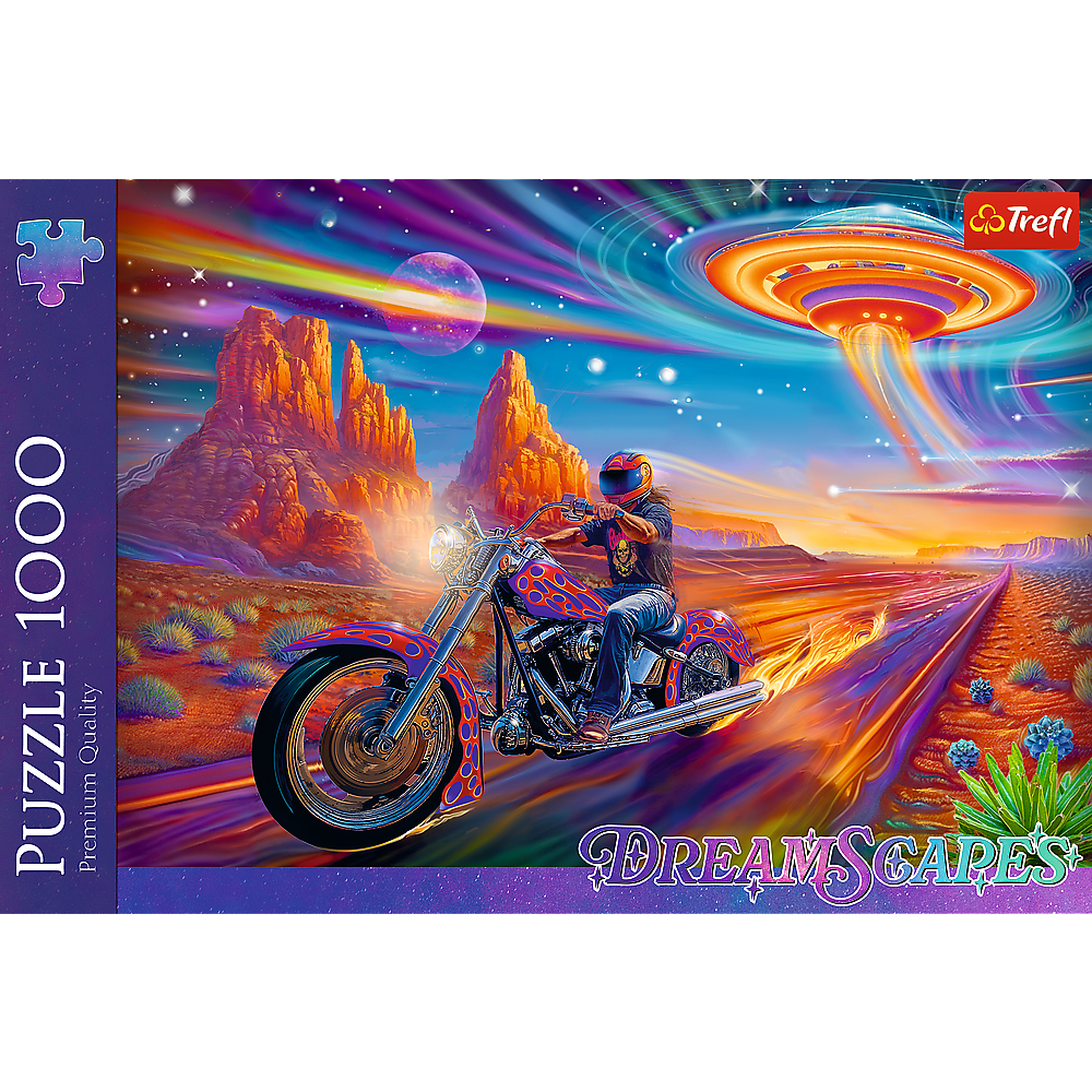 Un motociclista recorre una carretera surrealista en el desierto bajo un ovni brillante y planetas coloridos.