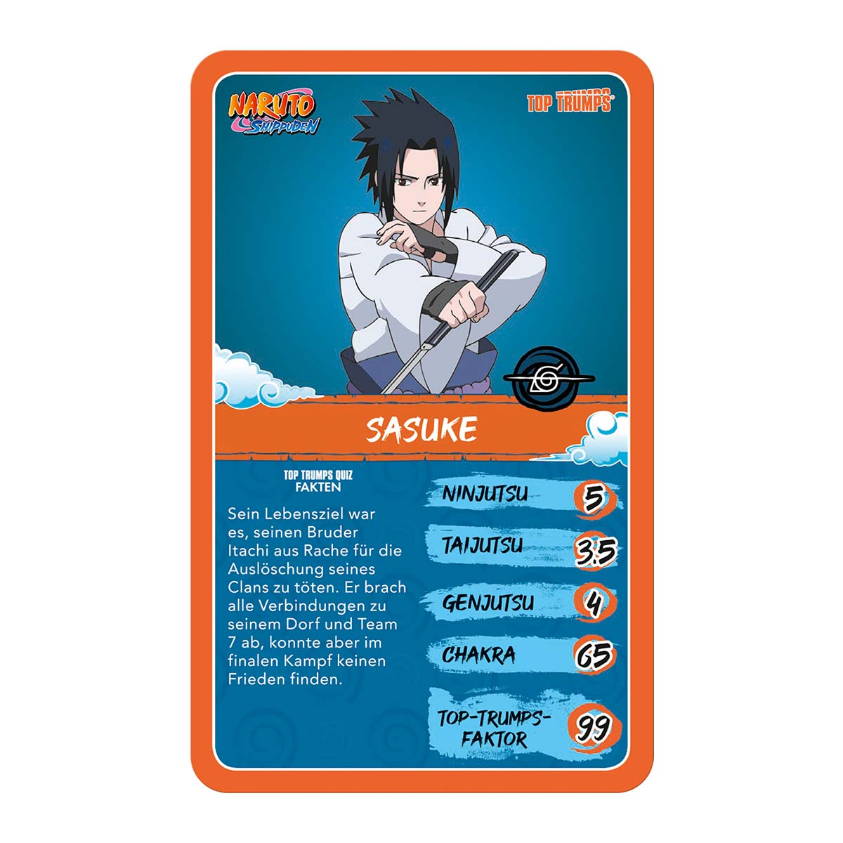 Carta Top Trumps con Sasuke Uchiha da Naruto Shippuden e statistiche.
