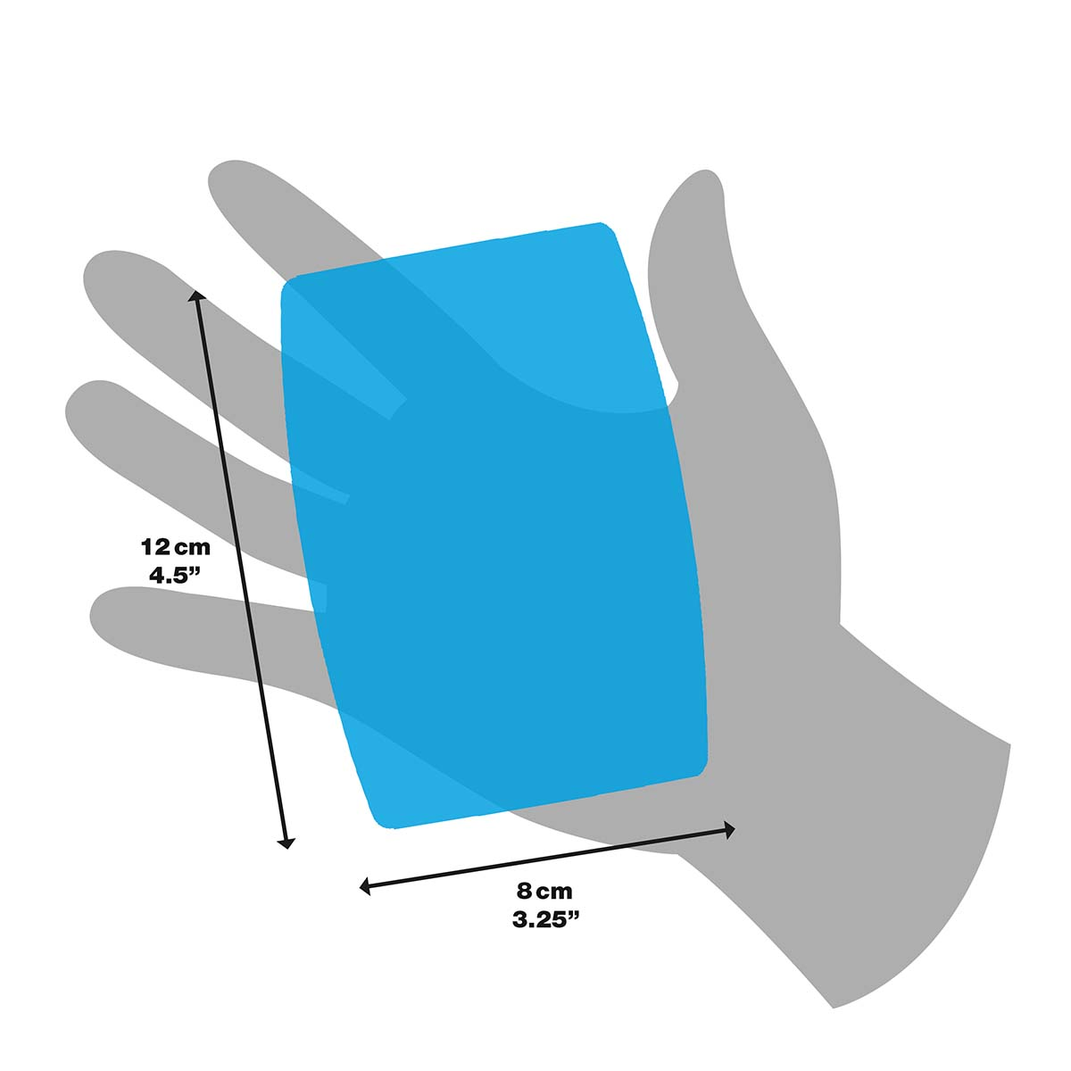 Diagramma di una mano grigia che tiene un oggetto blu, con dimensioni etichettate di 12 cm e 8 cm.
