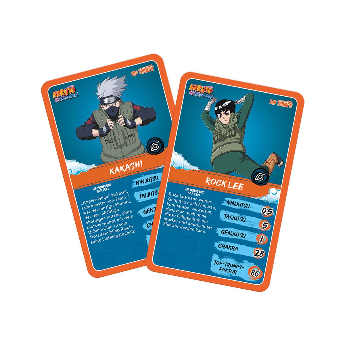 Due carte Top Trumps di Naruto Shippuden raffiguranti Kakashi e Rock Lee con statistiche.