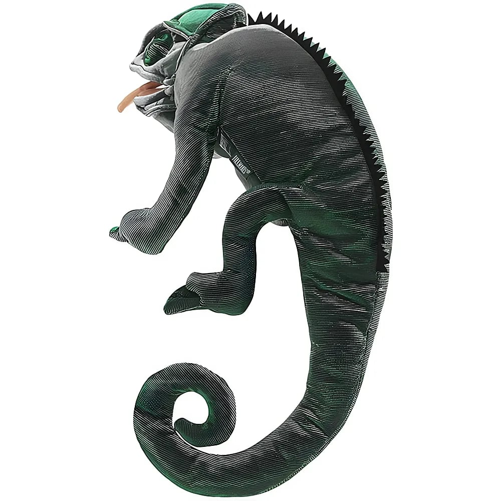 Jouet caméléon en peluche vert et gris avec une longue langue et une queue frisée sur fond blanc.