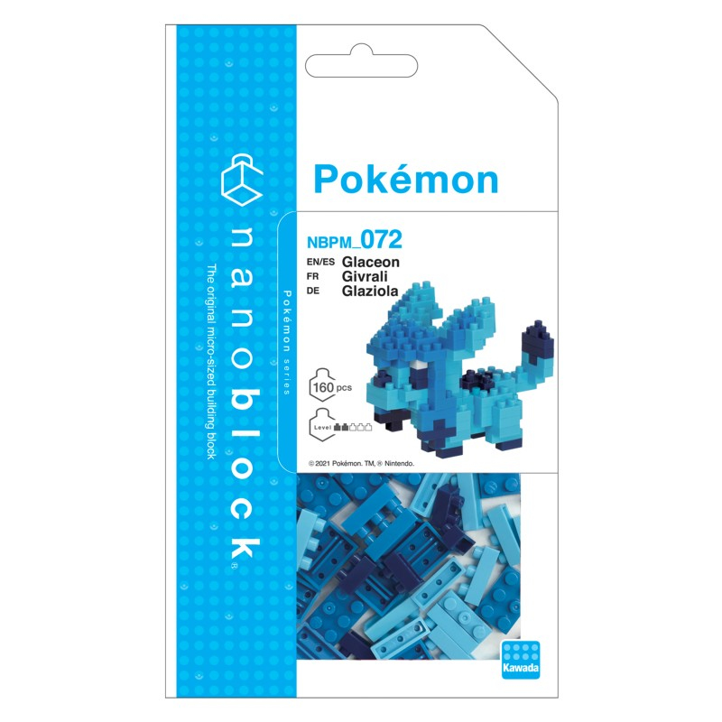 Nanoblock Pokémon Glaziola Verpackung mit blauen Bausteinen.