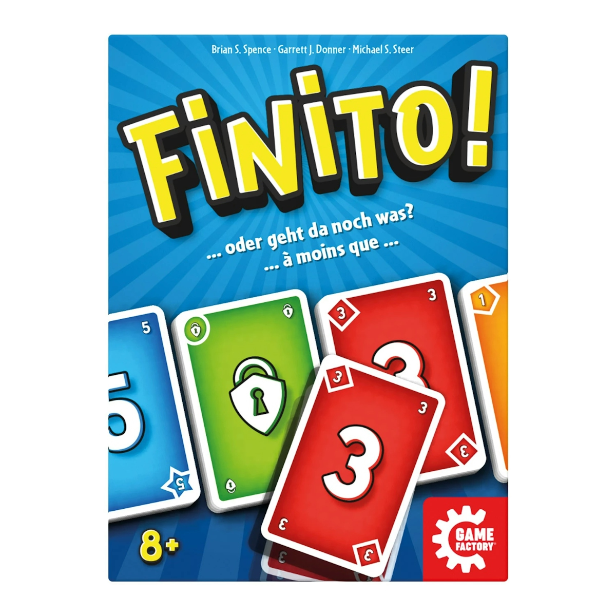 Boîte de jeu Finito! avec des cartes numérotées colorées et un cadenas sur fond bleu.
