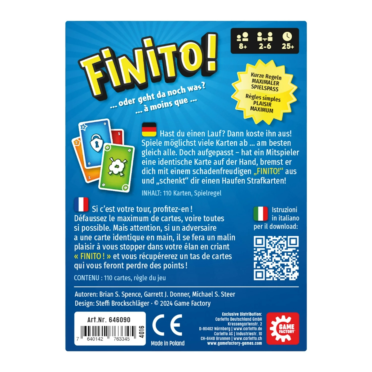 Dos de la boîte de jeu Finito! avec règles, icônes et cartes colorées sur fond bleu.