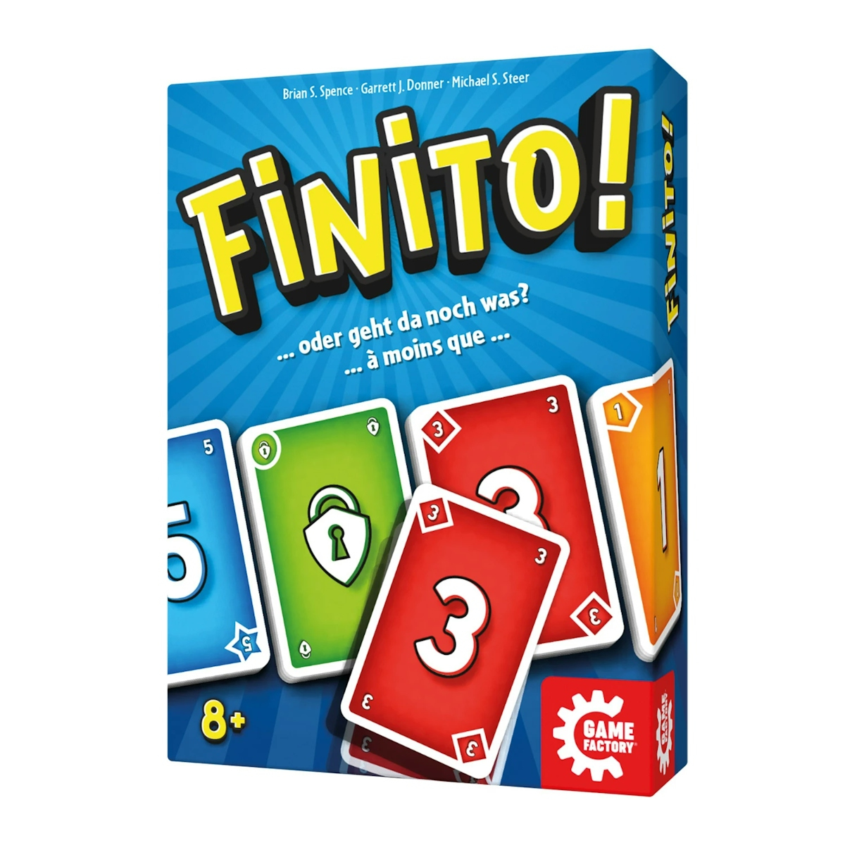 La boîte de jeu Finito! présente des cartes à jouer colorées et numérotées sur fond bleu.