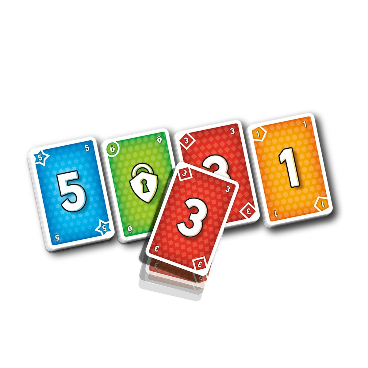 Cinq cartes de jeu colorées avec les numéros 5, 3 et 1, ainsi qu'un symbole de cadenas.