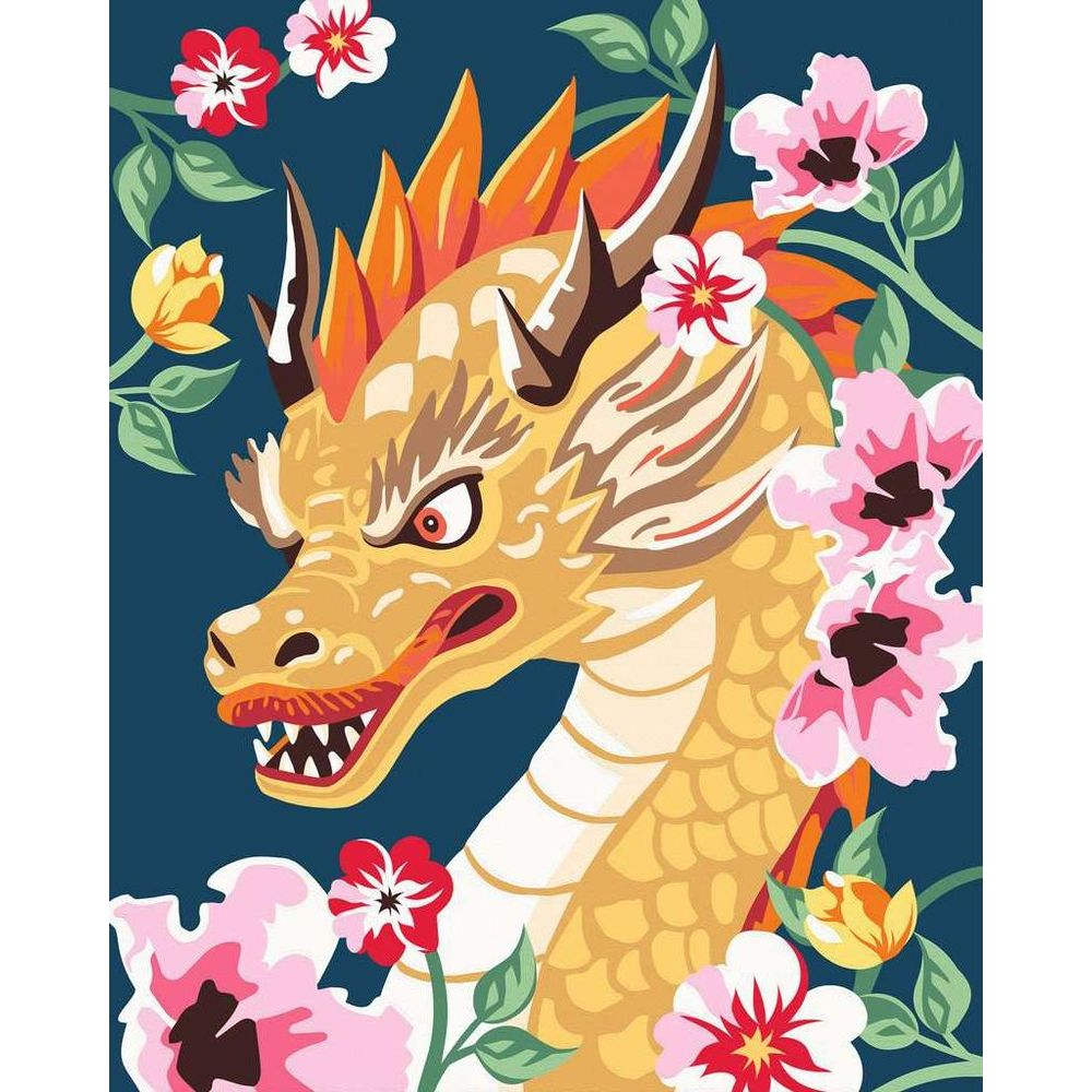 Illustrazione di un drago dorato con spine arancioni e fiori rosa su sfondo blu scuro.