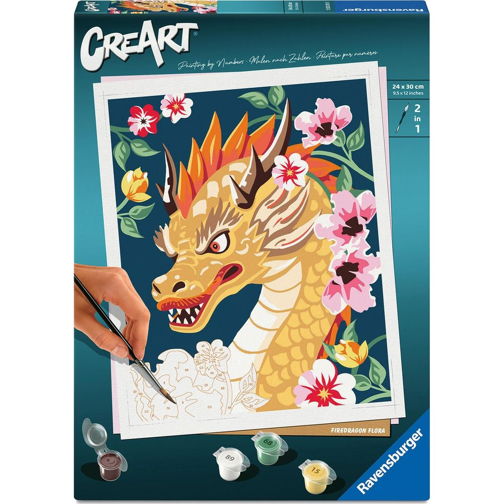 Kit di pittura con i numeri Ravensburger mostra un drago e dei fiori.