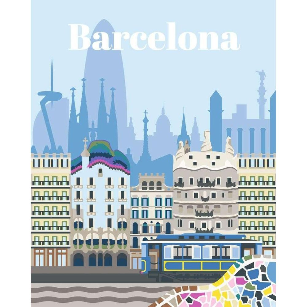 Illustrazione dello skyline di Barcellona con edifici famosi e un tram blu sotto un cielo azzurro.