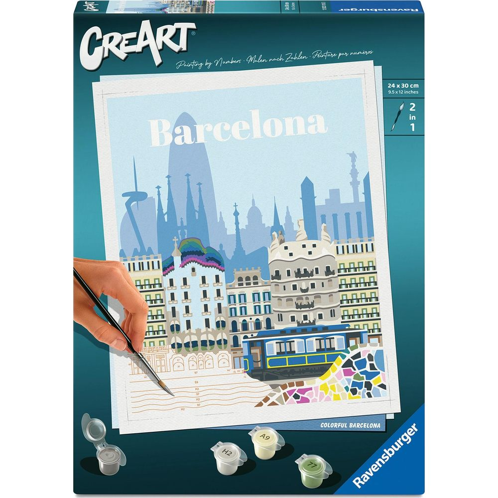 Set di pittura con i numeri Ravensburger CreArt con una colorata scena di Barcellona, pennello e colori.