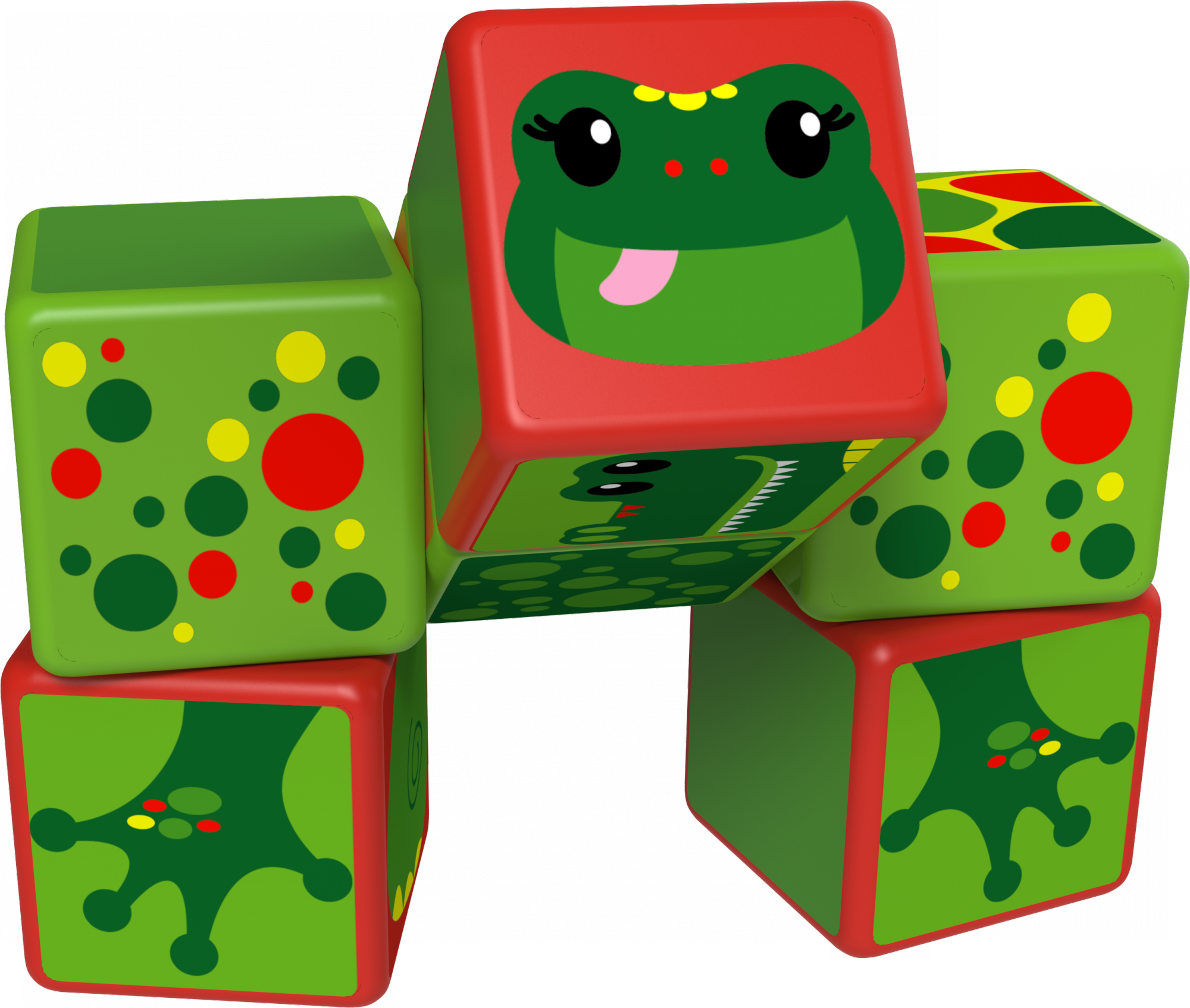 Stapelbare grüne und rote Spielwürfel mit Froschmotiven und bunten Punkten auf weißem Hintergrund.