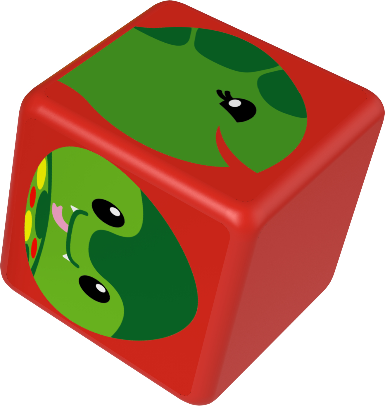 Ein roter Würfel mit grünen Cartoon-Illustrationen von Monstergesichtern.