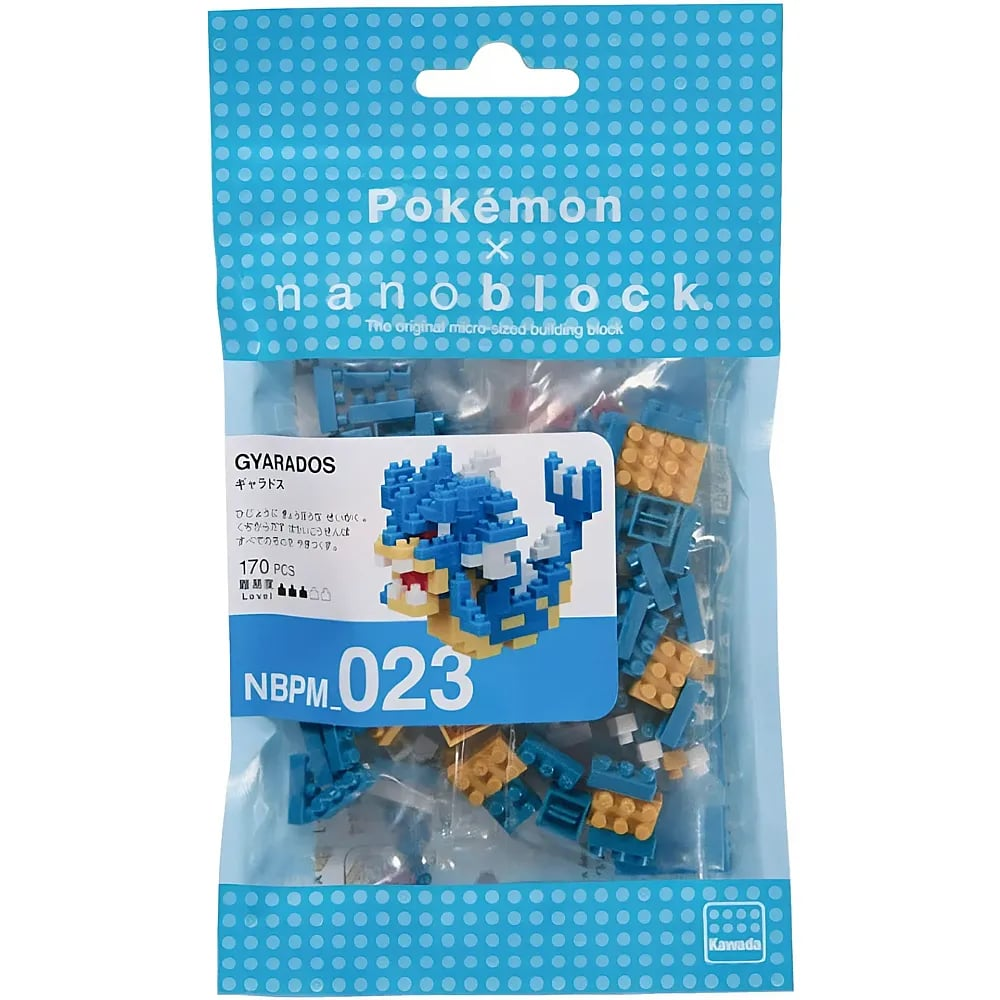 Blaue Nanoblock-Verpackung mit Pokémon Gyarados-Figur, 170 Stück und blauem Muster.