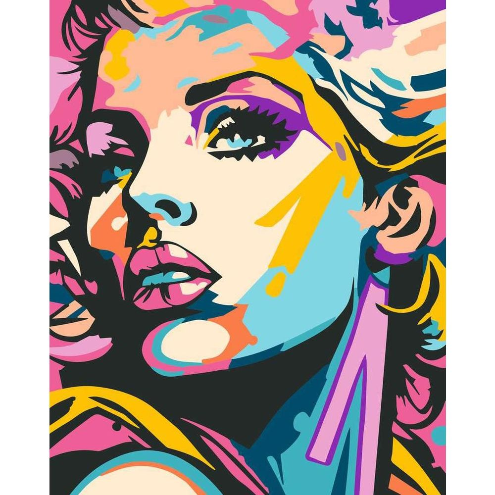 Pop-Art-Porträt einer Frau in leuchtenden Rosa-, Blau-, Gelb- und Schwarztönen.