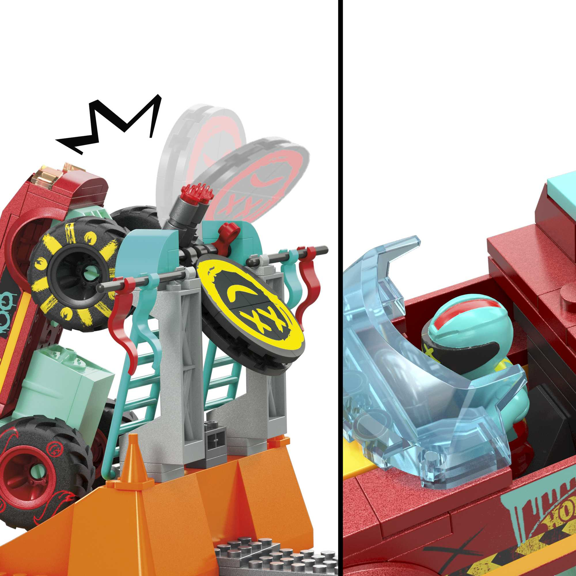 Lego-Monster-Truck fährt durch eine Hindernisbahn mit Zielscheiben, während ein Fahrer im Cockpit sitzt.