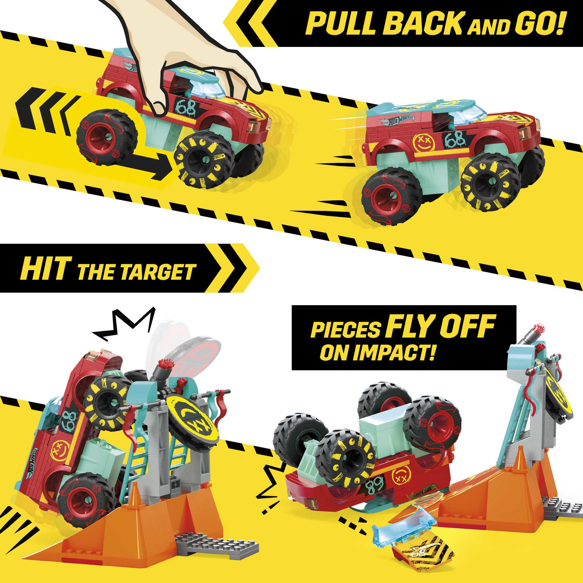 Ein Spielzeug-Monster-Truck wird zurückgezogen, losgelassen und crasht in ein Ziel, wobei Teile wegfliegen.