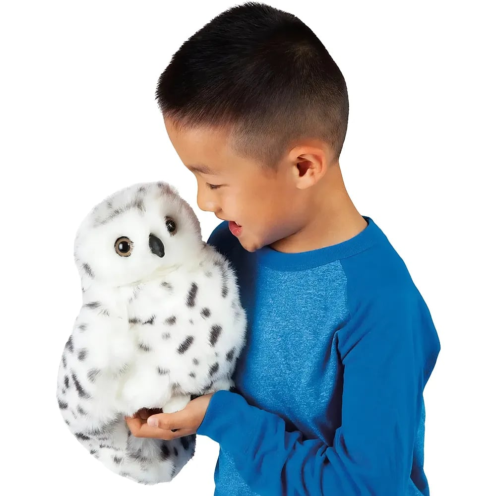 Un ragazzo con un maglione blu tiene in mano un gufo delle nevi di peluche.