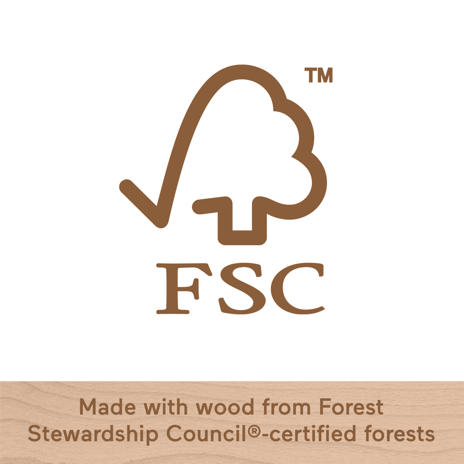 FSC-Logo in Braun auf weißem Grund mit Holzmuster-Leiste unten.