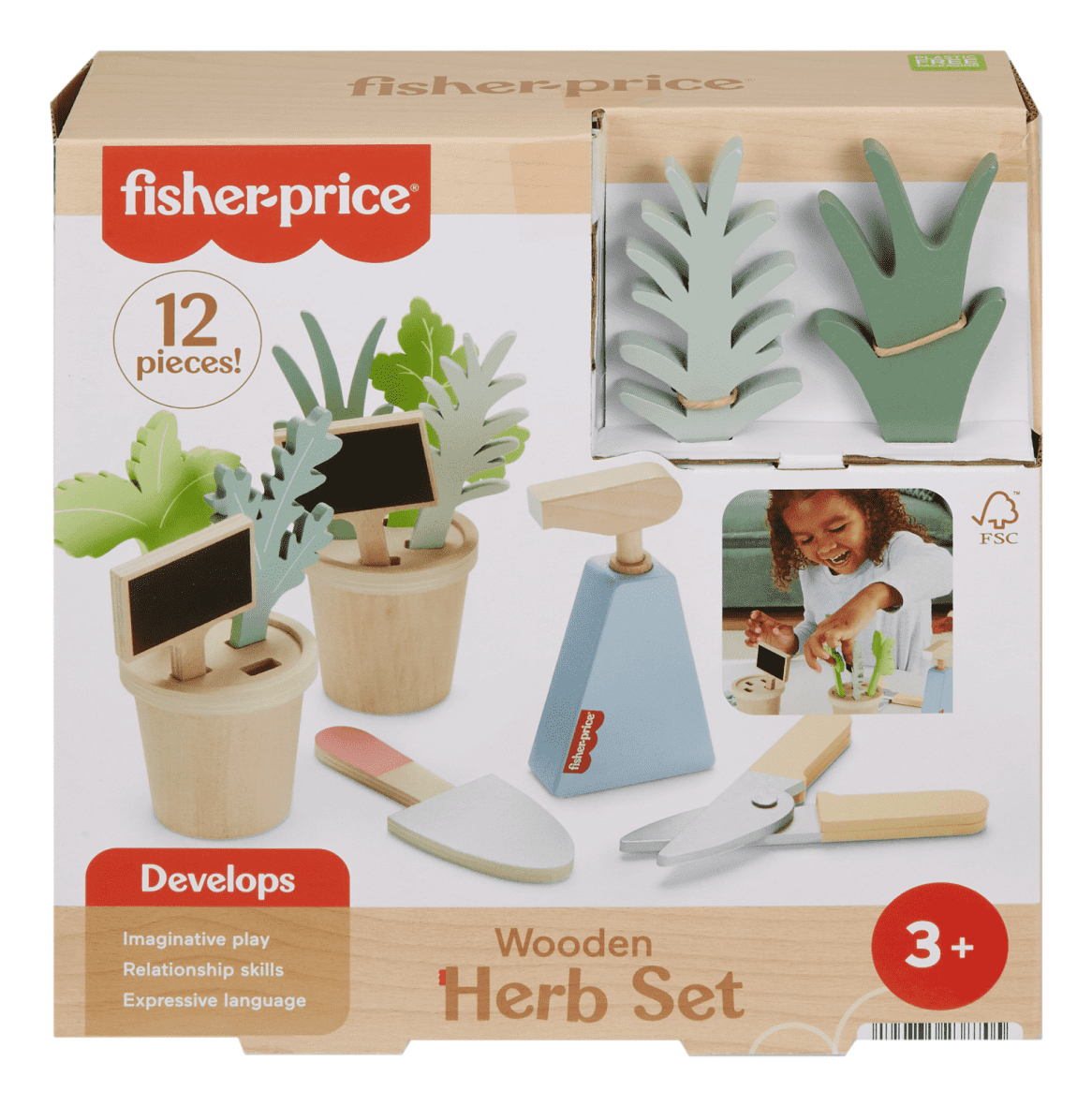 Eine Fisher-Price Kräuter-Holzspielzeugschachtel mit 12 Teilen, Töpfen, Pflanzen, Werkzeugen und spielendem Kind.