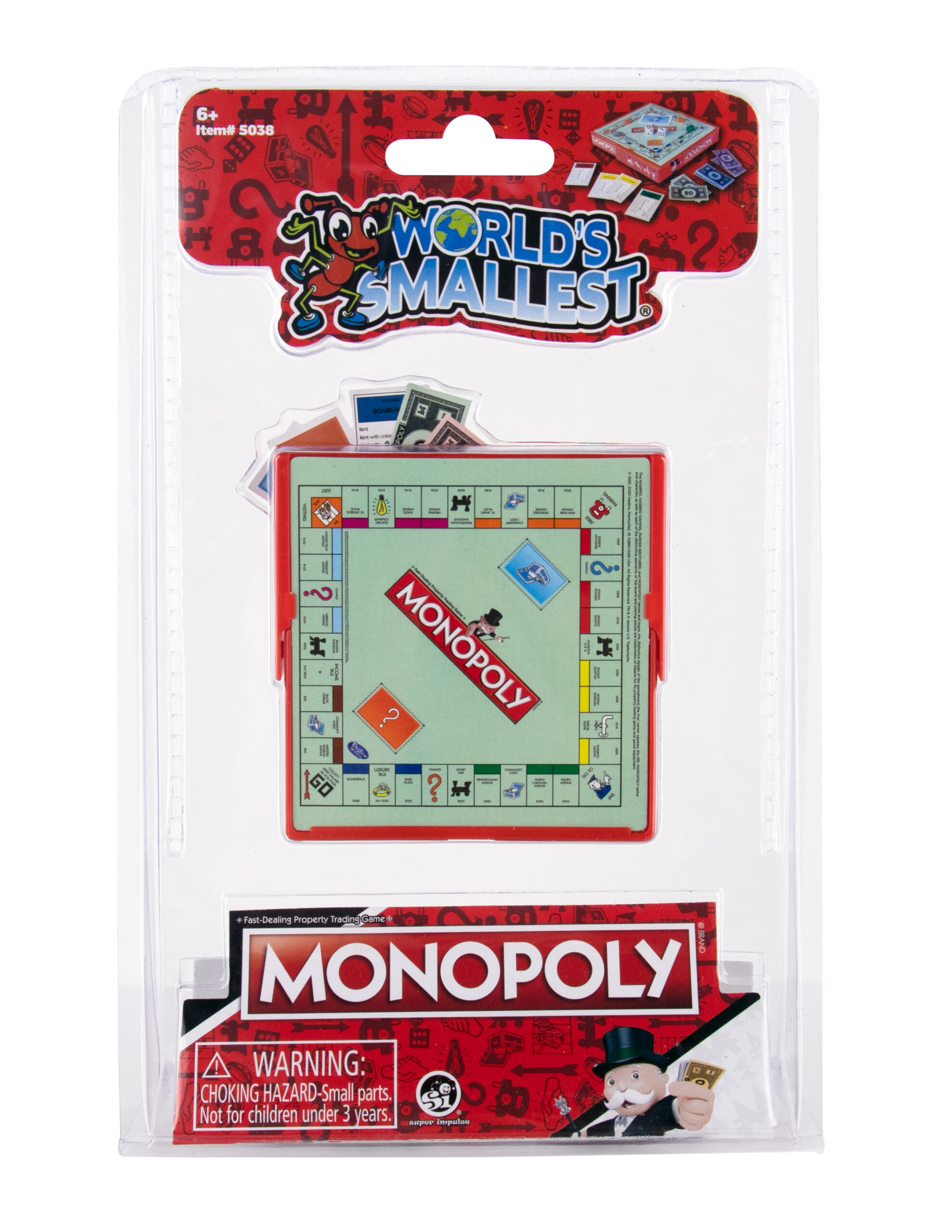 Verpacktes Monopoly-Spiel in Miniaturgröße unter dem Logo von World's Smallest.