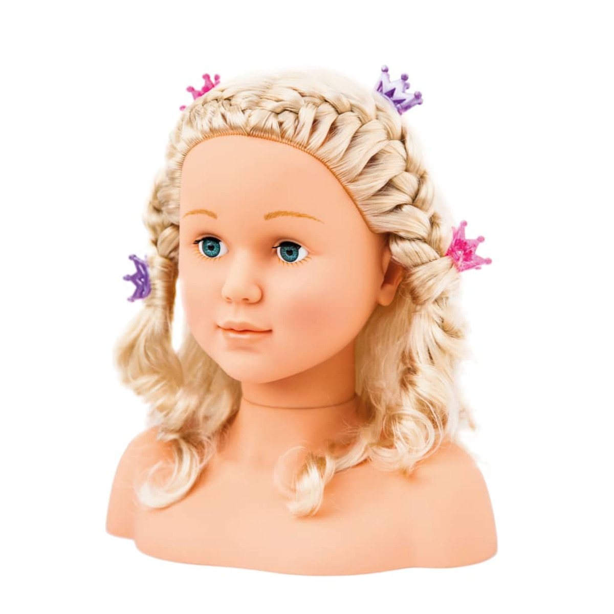 Tête à coiffer avec cheveux blonds, tresses et petites couronnes colorées.